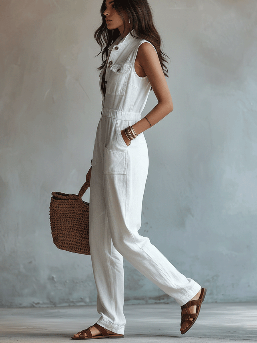 Combinaison sans manches en faux coton-lin blanc