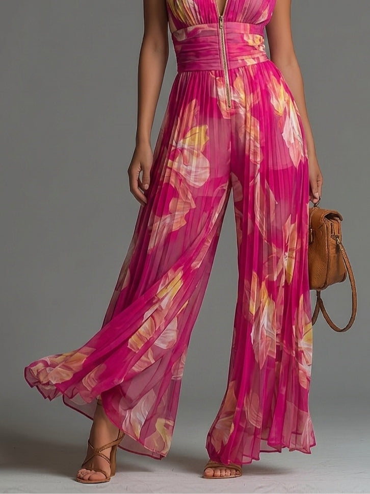 Combinaison sans manches à zip plissée à jambes larges en chiffon imprimé floral fuchsia