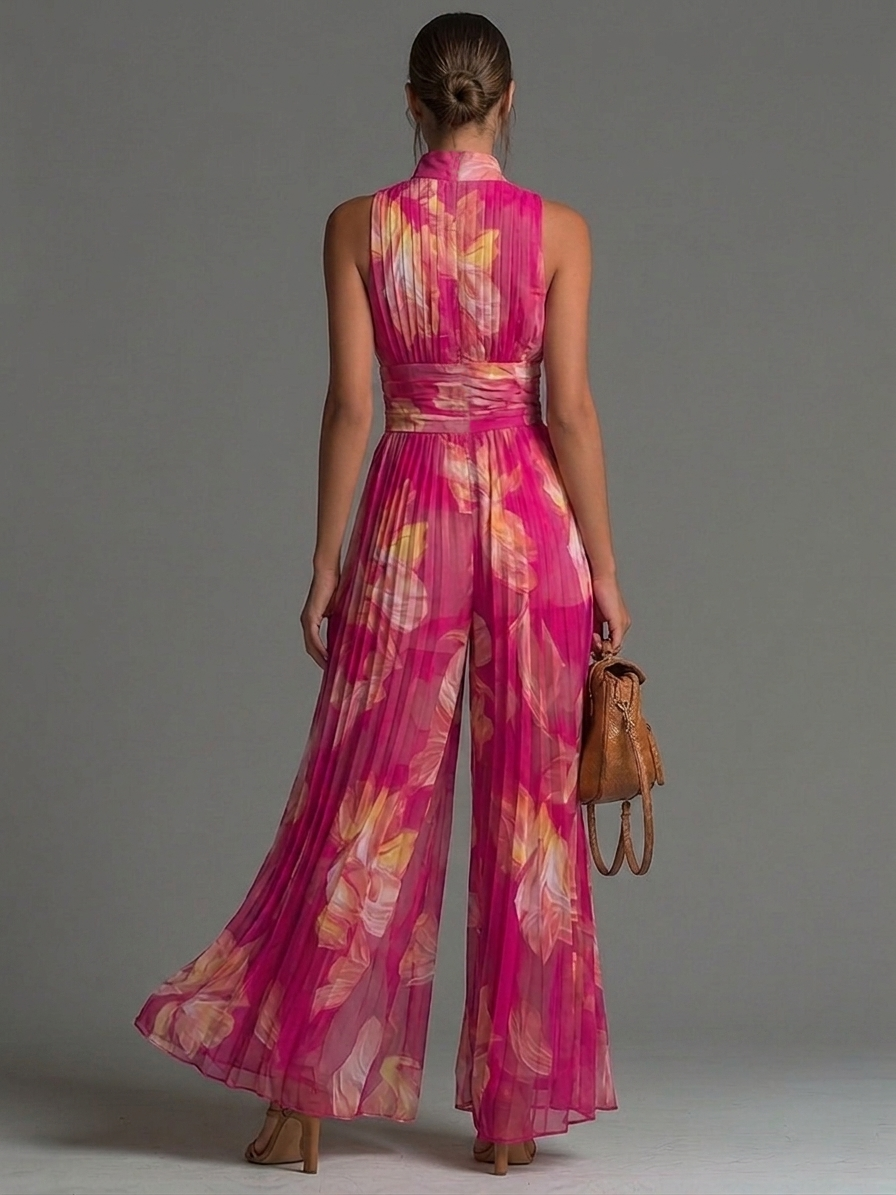 Combinaison sans manches à zip plissée à jambes larges en chiffon imprimé floral fuchsia