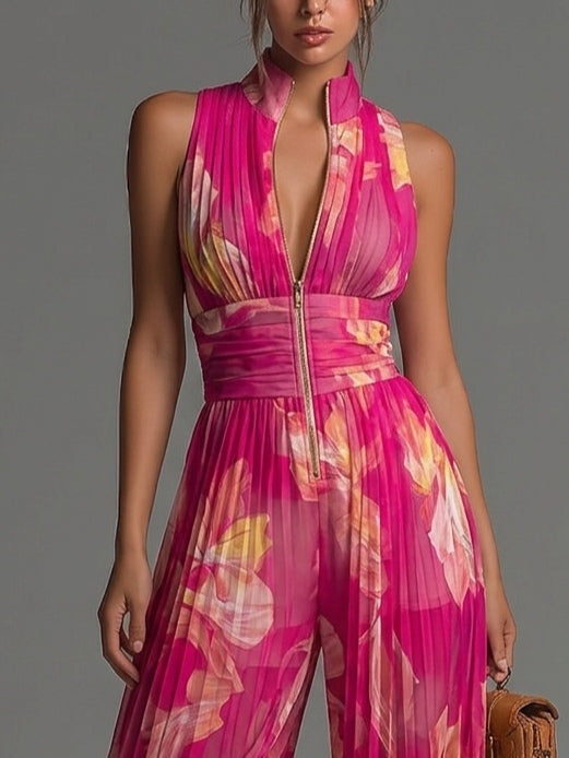 Combinaison sans manches à zip plissée à jambes larges en chiffon imprimé floral fuchsia
