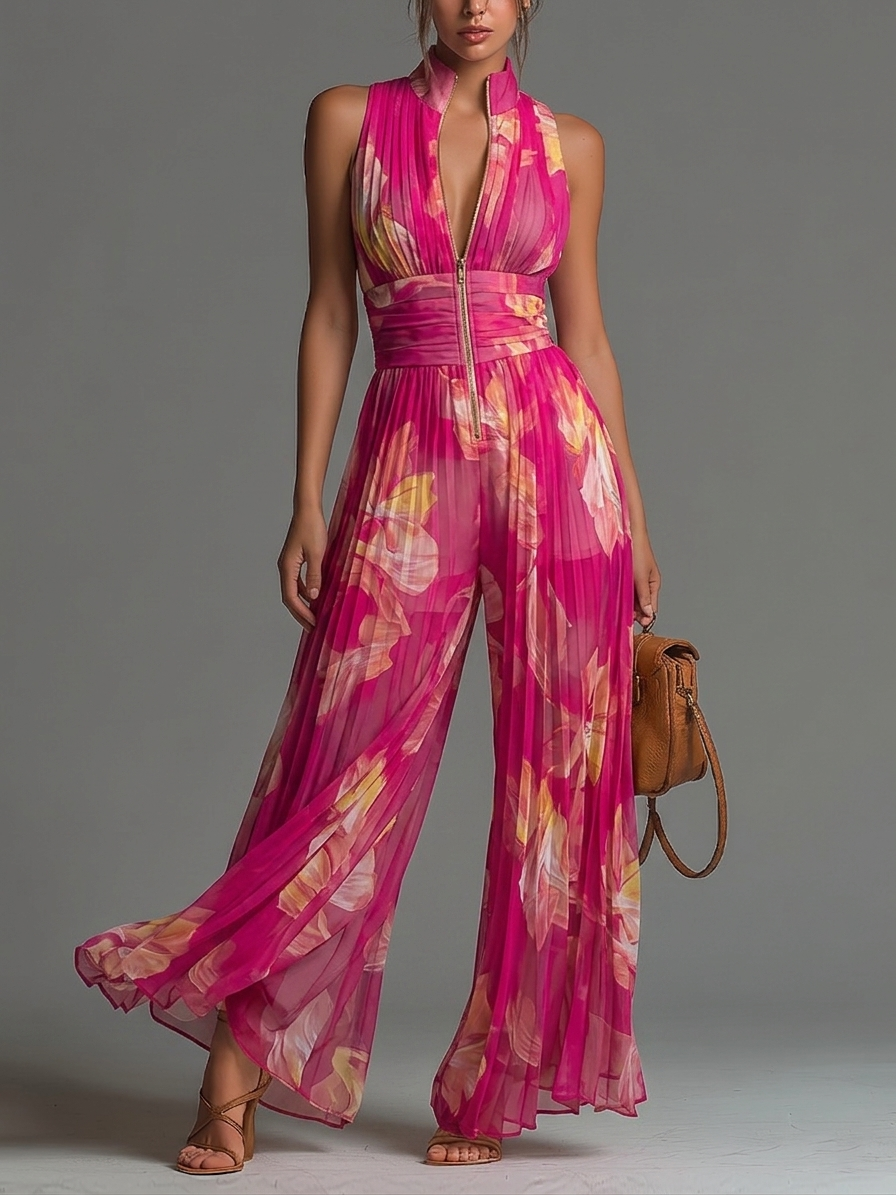 Combinaison sans manches à zip plissée à jambes larges en chiffon imprimé floral fuchsia