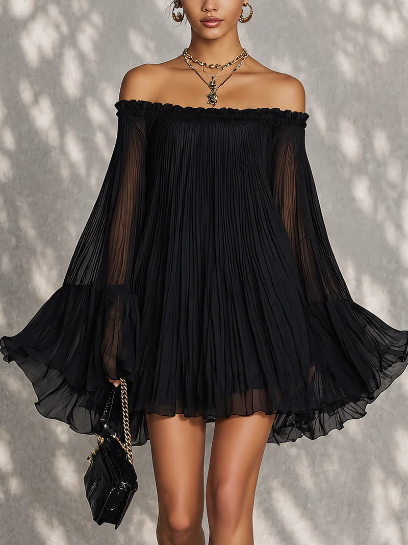 Emma- Robe Mini à Volants Noire à Épaules Dénudées