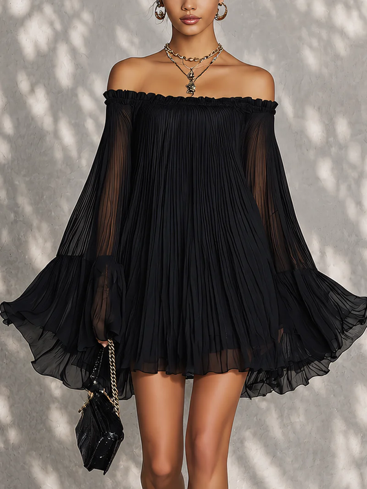 Emma- Robe Mini à Volants Noire à Épaules Dénudées