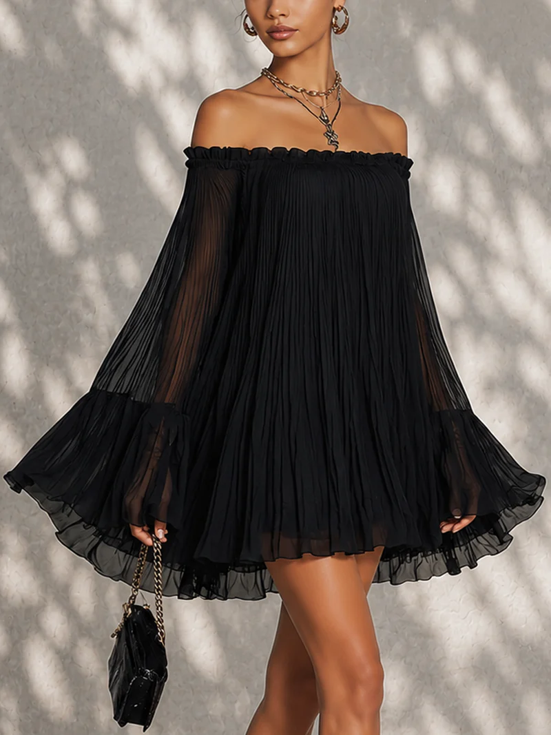 Emma- Robe Mini à Volants Noire à Épaules Dénudées