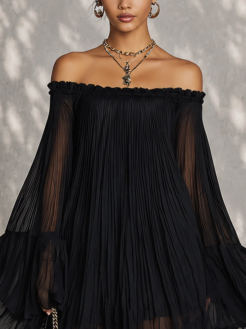 Emma- Robe Mini à Volants Noire à Épaules Dénudées