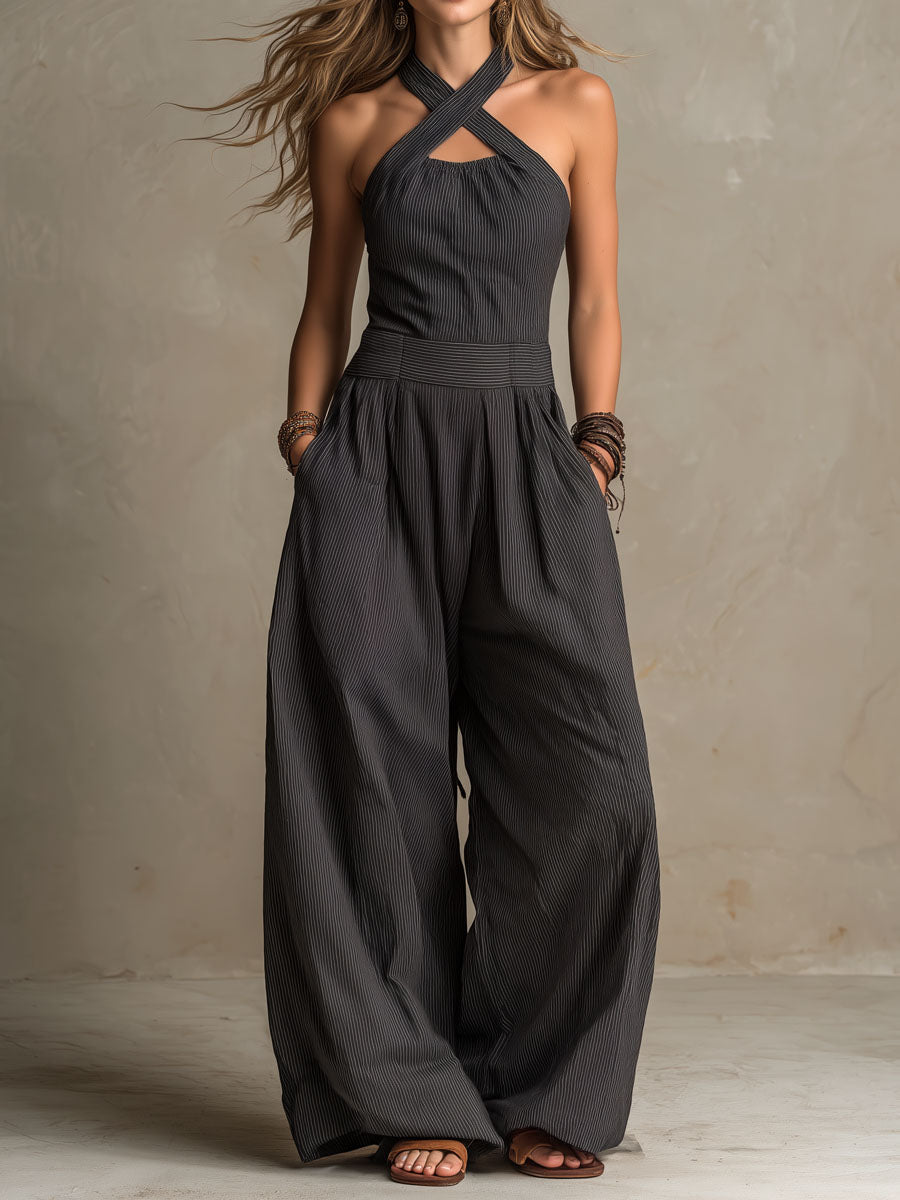 Raymonde | Combinaison large à rayures verticales en charbon Boho avec décolleté croisé