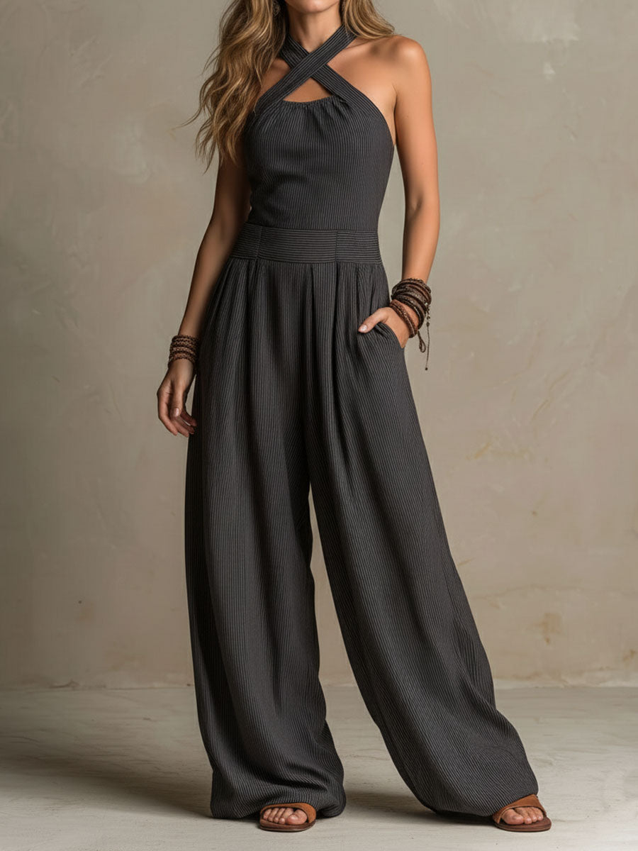 Raymonde | Combinaison large à rayures verticales en charbon Boho avec décolleté croisé