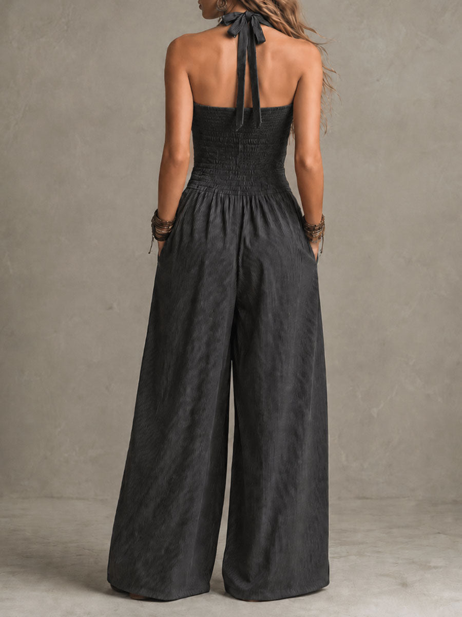 Raymonde | Combinaison large à rayures verticales en charbon Boho avec décolleté croisé