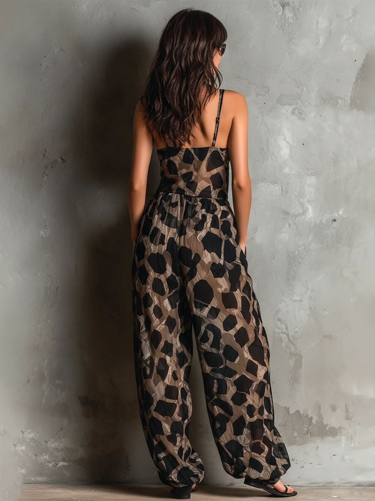 Combinaison large à bretelles halter en chiffon à imprimé animal noir