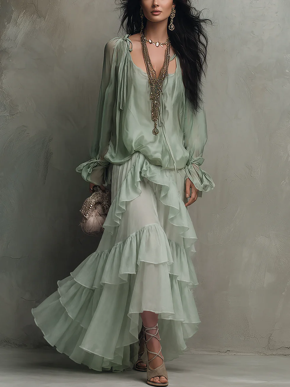 Philippa | Ensemble Deux Pièces Haut en Chiffon à Volants et Jupe Superposée, Vert Menthe