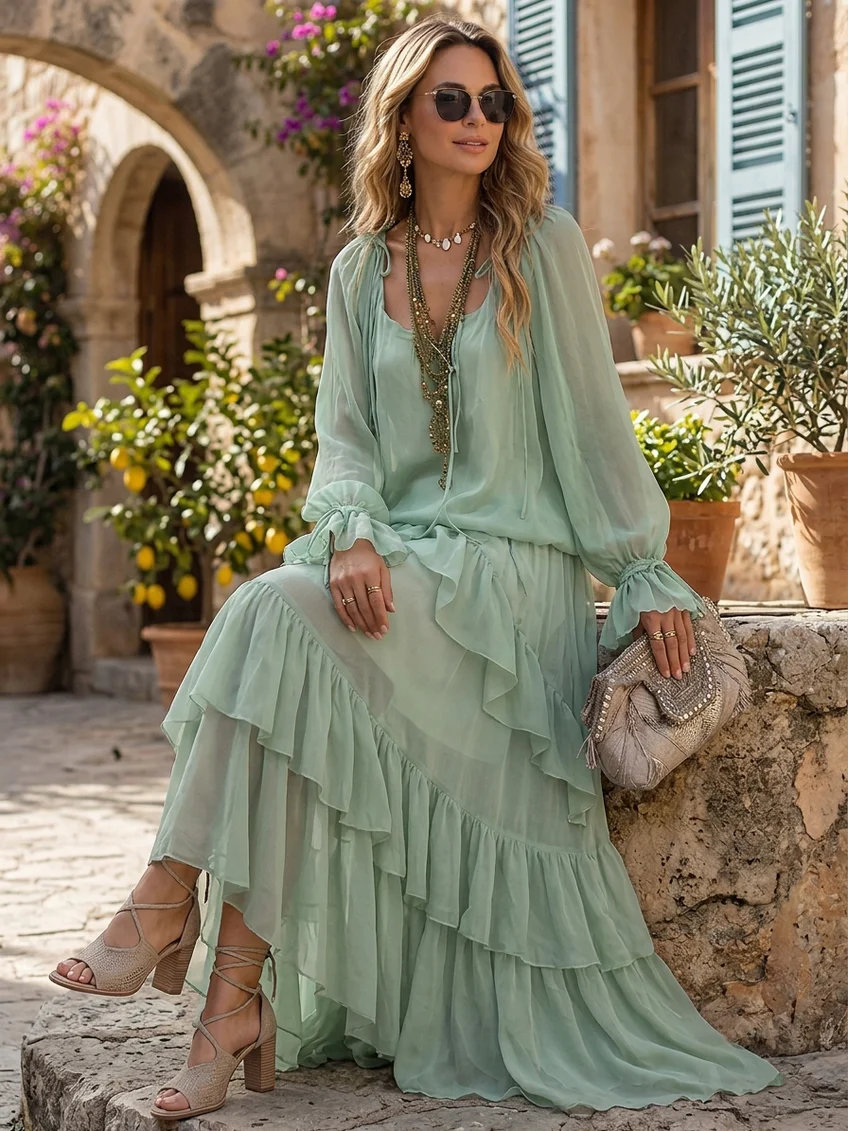 Philippa | Ensemble Deux Pièces Haut en Chiffon à Volants et Jupe Superposée, Vert Menthe