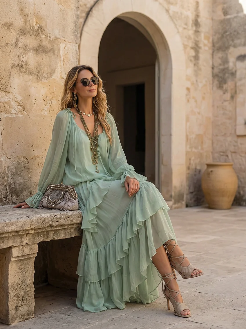 Philippa | Ensemble Deux Pièces Haut en Chiffon à Volants et Jupe Superposée, Vert Menthe