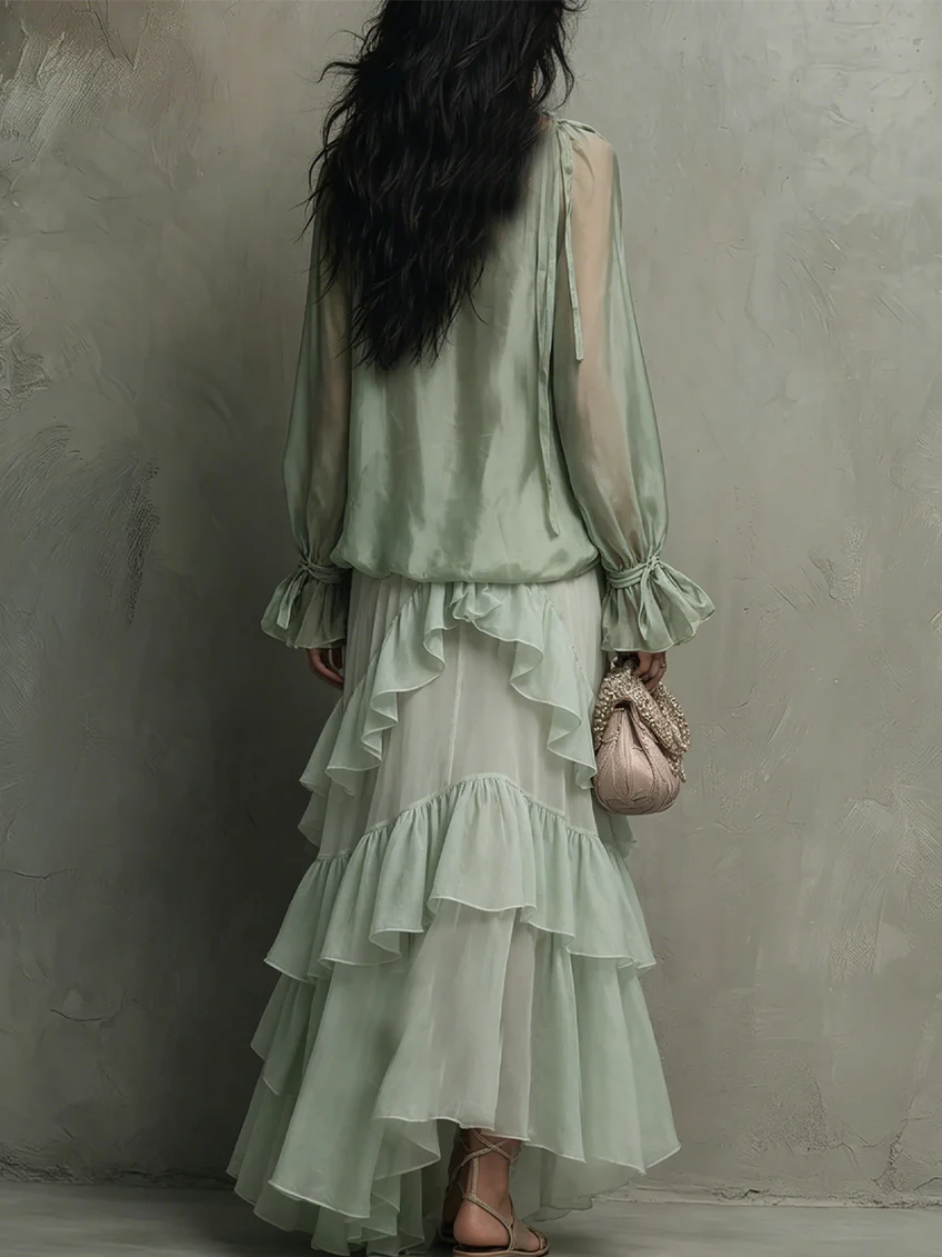 Philippa | Ensemble Deux Pièces Haut en Chiffon à Volants et Jupe Superposée, Vert Menthe