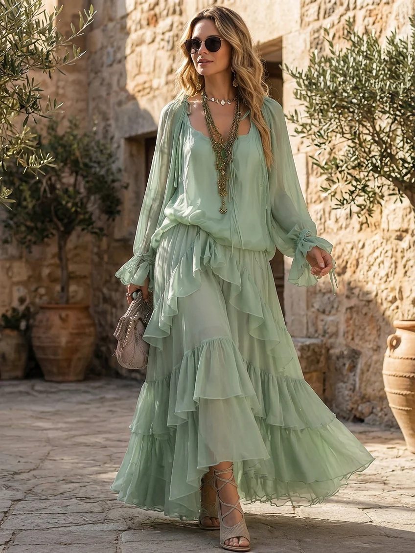 Philippa | Ensemble Deux Pièces Haut en Chiffon à Volants et Jupe Superposée, Vert Menthe