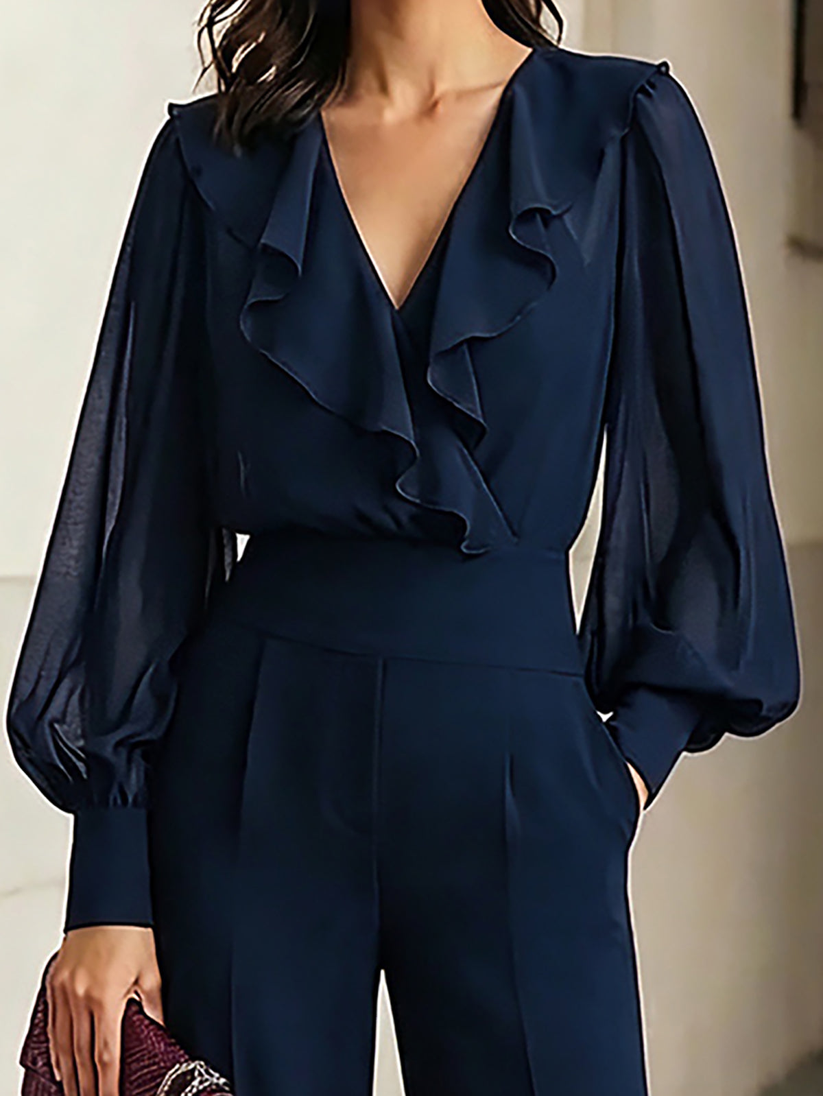 Ninon - Ensemble deux pièces bleu marine : top à volants en mousseline et pantalon large