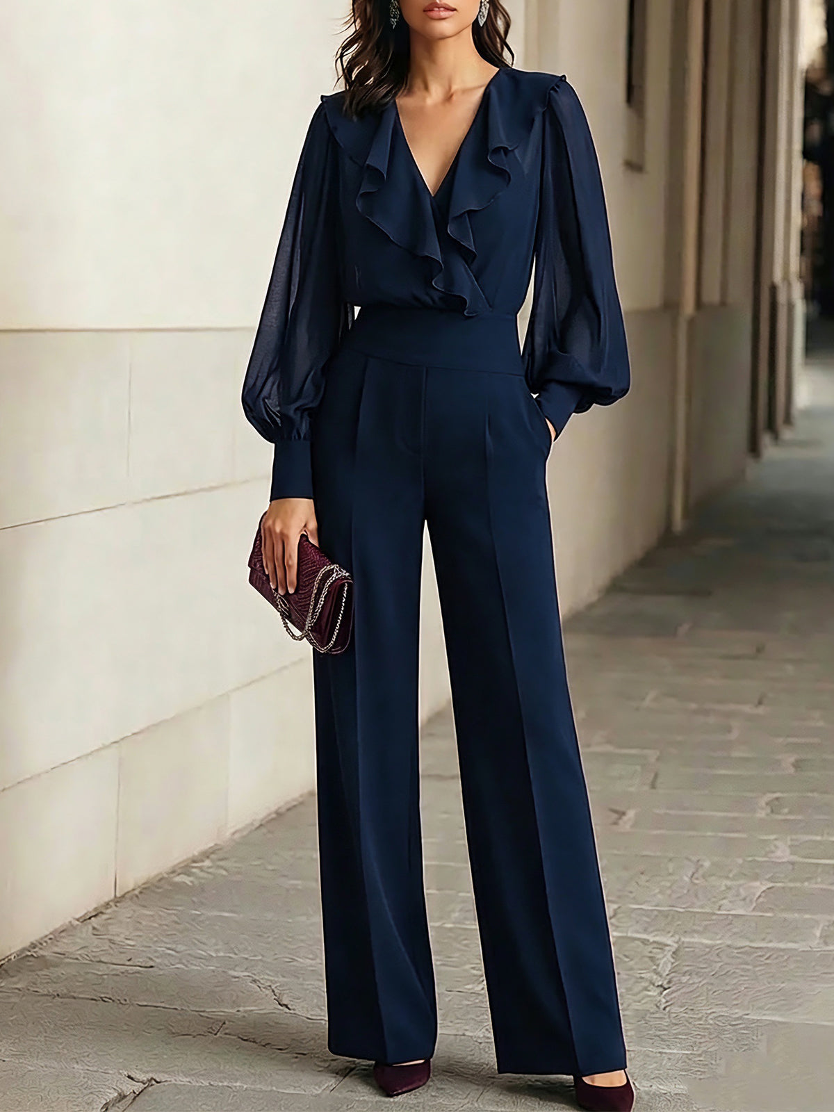 Ninon - Ensemble deux pièces bleu marine : top à volants en mousseline et pantalon large
