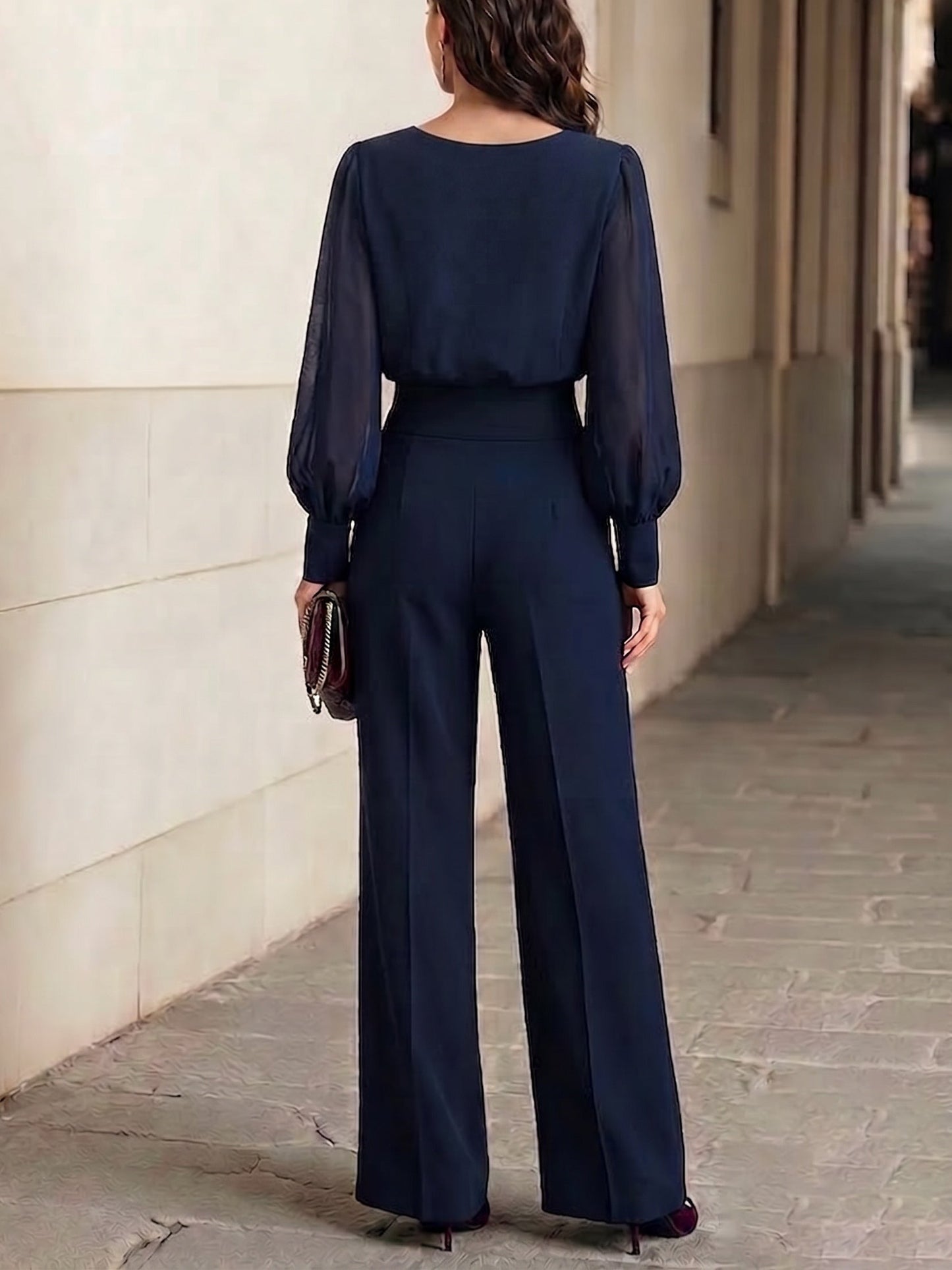 Ninon - Ensemble deux pièces bleu marine : top à volants en mousseline et pantalon large