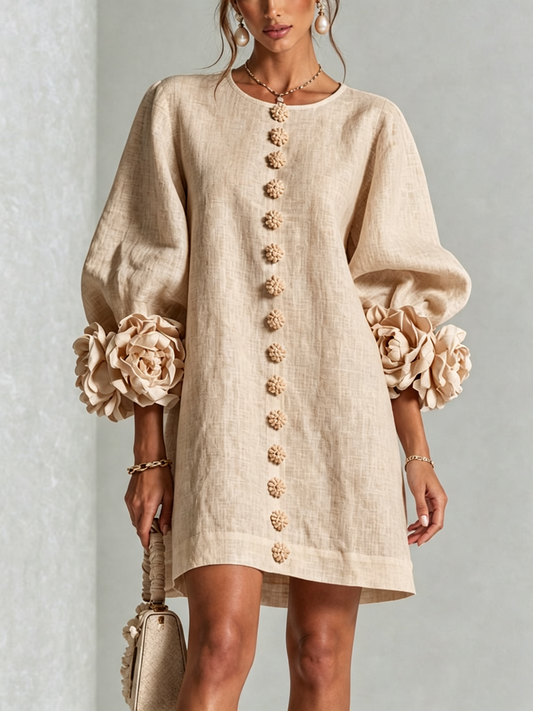 Geneviève | Robe Mini en Lin Mélangé avec Manches Bouffantes, Beige