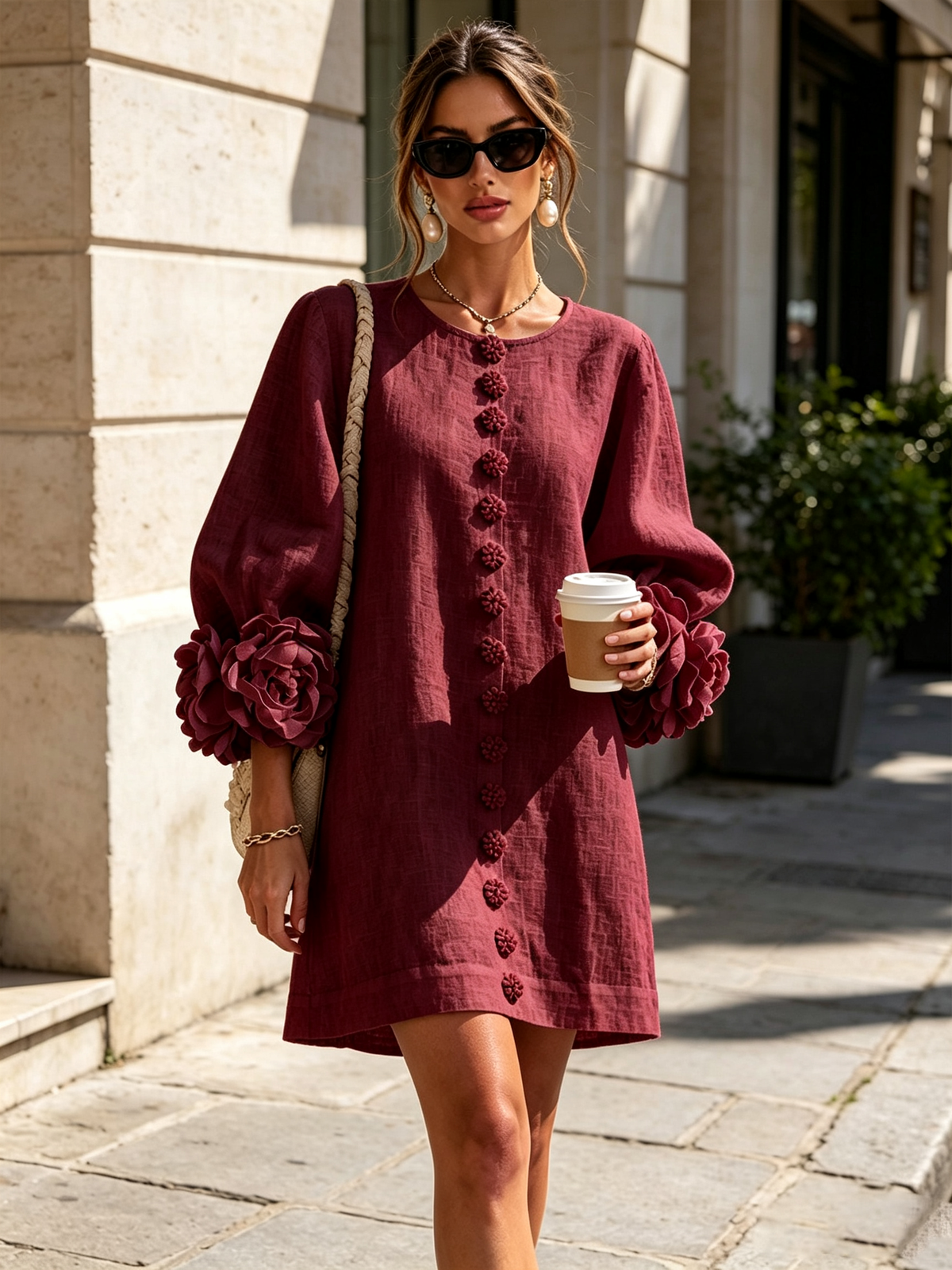 Bénédicte - Robe courte boutonnée à imprimé floral bordeaux et manches fleuries spectaculaires
