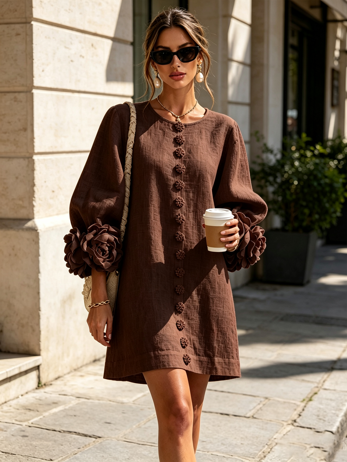 Cosette - Robe courte boutonnée à imprimé floral chocolat et manches fleuries spectaculaires