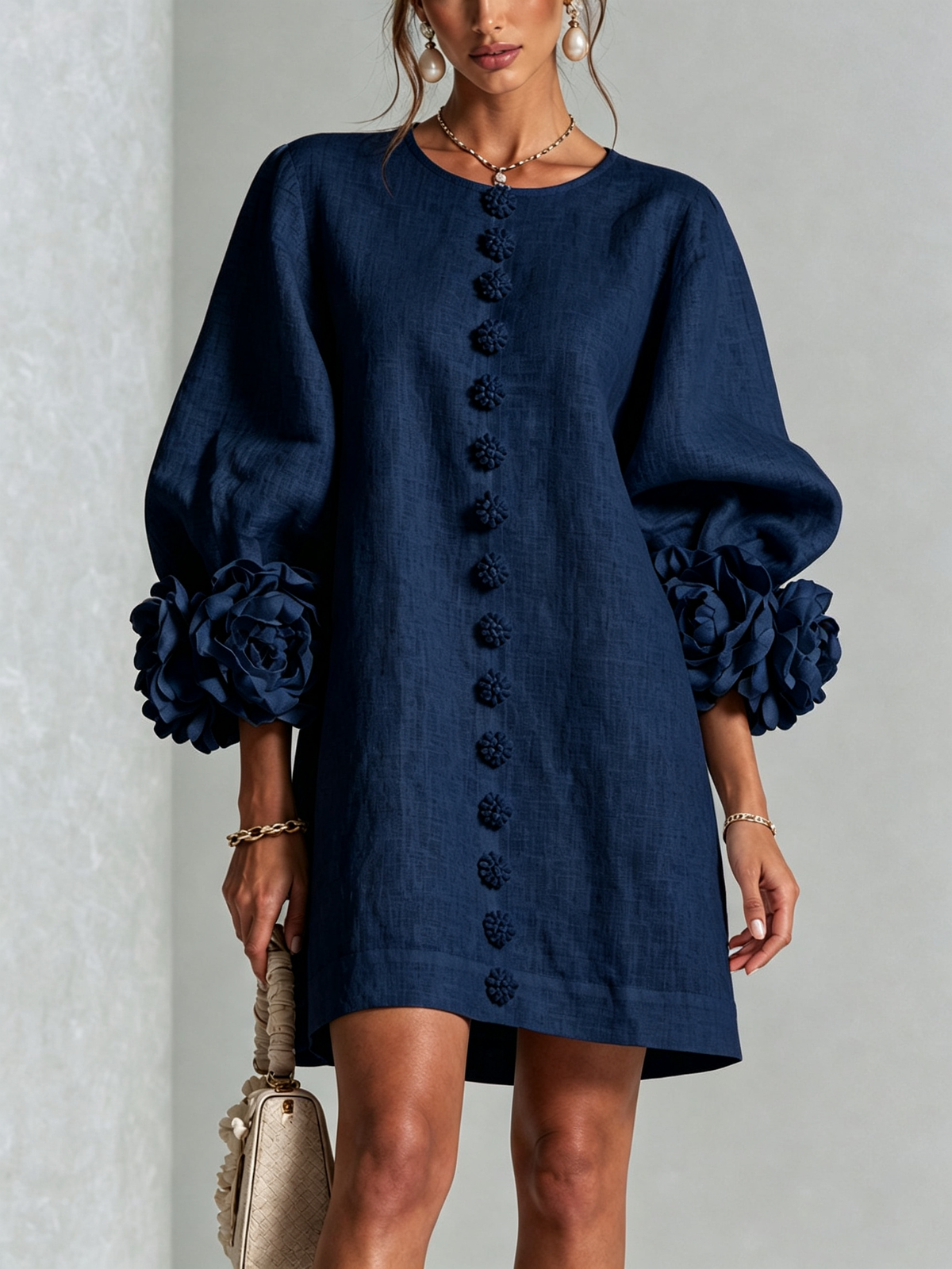 Aline | Robe Mini en Mélange de Lin avec Manches Bouffantes, Bleu Marine
