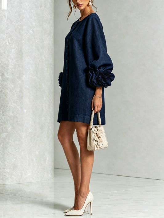 Aline | Robe Mini en Mélange de Lin avec Manches Bouffantes, Bleu Marine