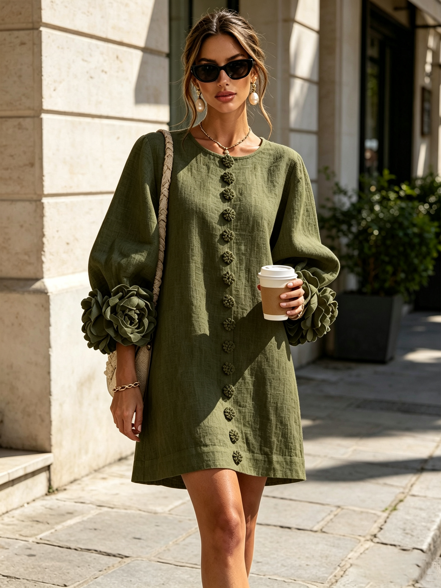 Huguette - Robe courte à boutons floraux olive et manches fleuries spectaculaires