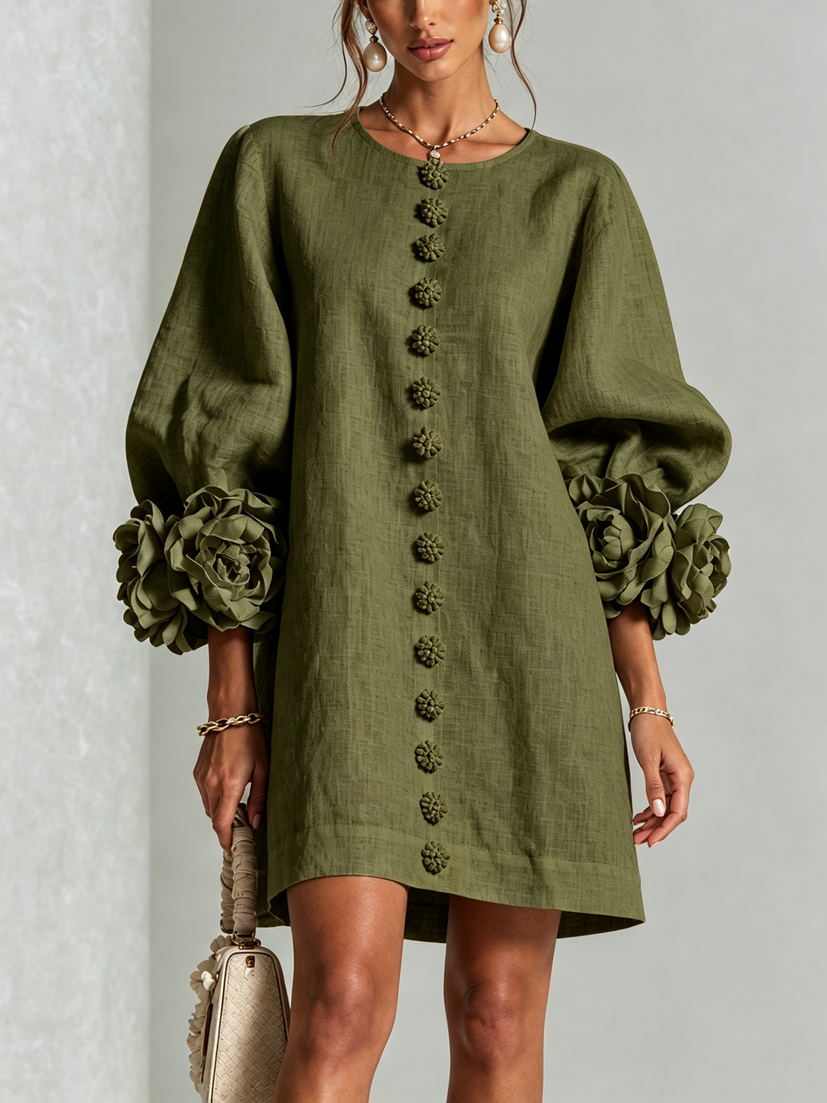 Constance | Robe Mini en Mélange de Lin avec Manches Bouffantes en Rose, Vert Olive