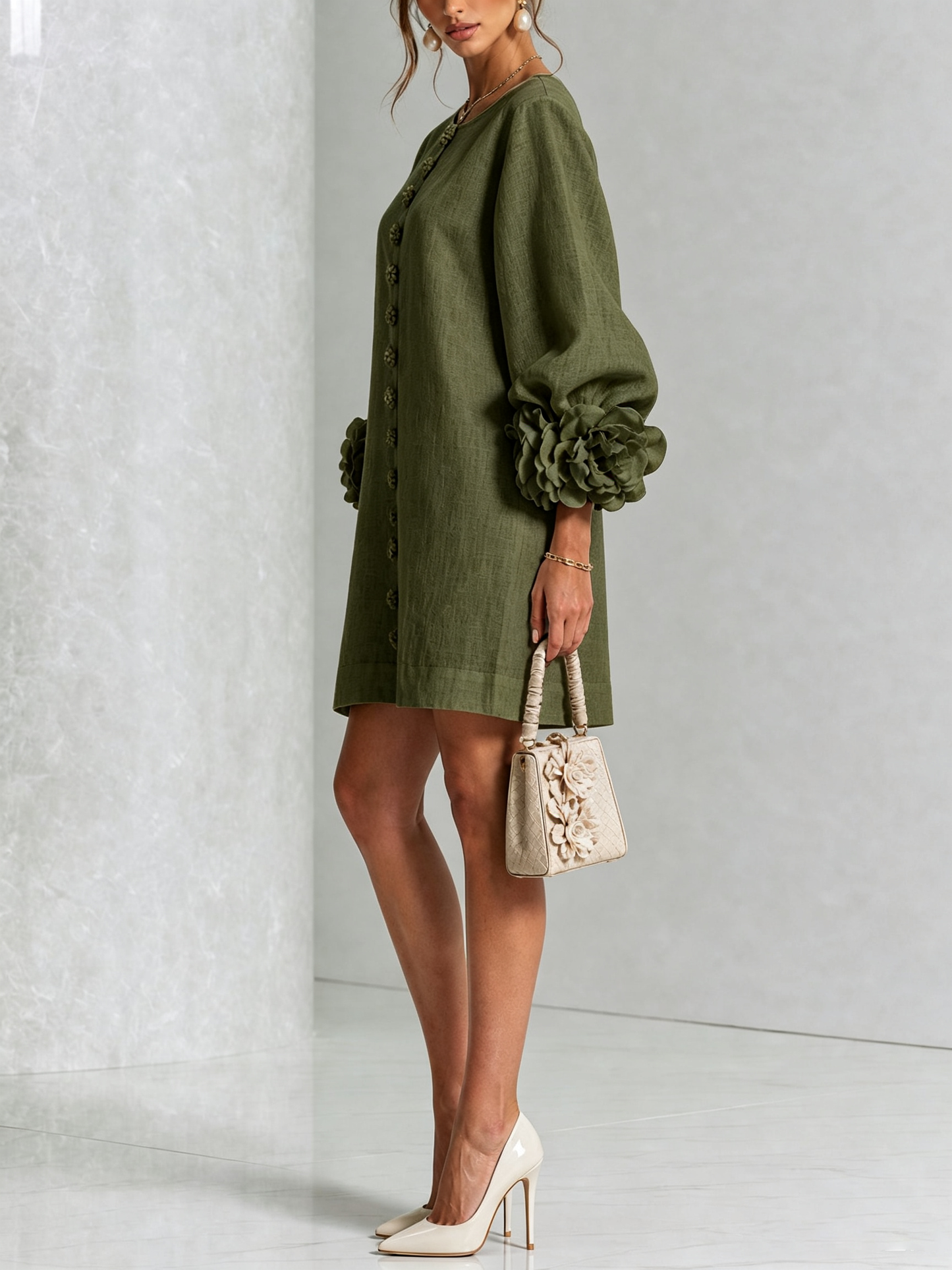 Léonore | Robe Mini en Mélange de Lin avec Manches Bouffantes en Rose, Vert Olive