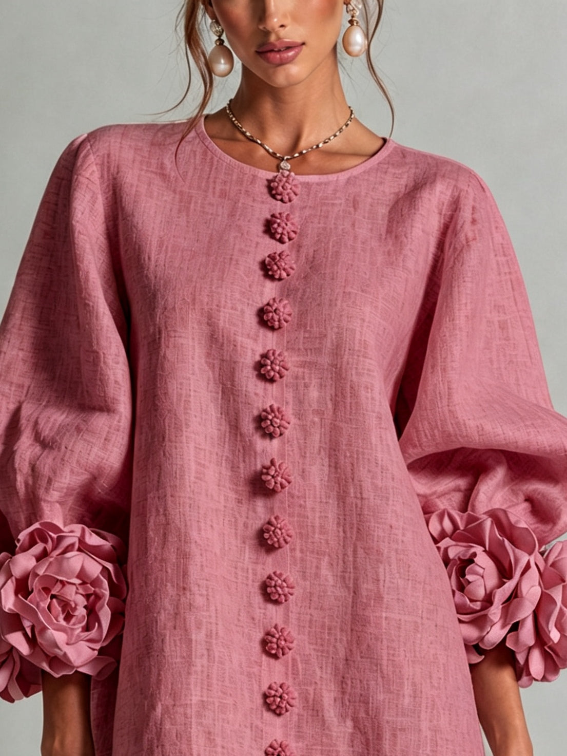 Adeline - Robe courte boutonnée à imprimé floral vintage et manches fleuries spectaculaires