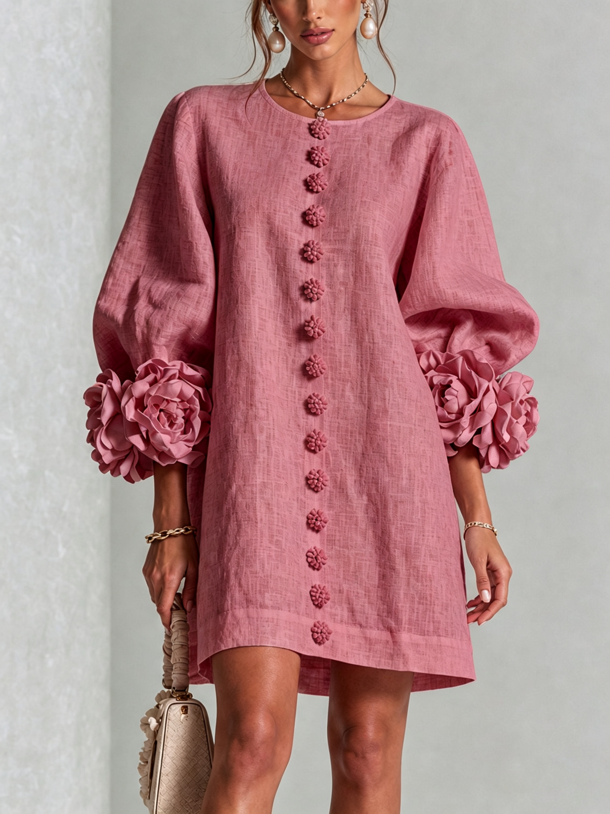Adeline - Robe courte boutonnée à imprimé floral vintage et manches fleuries spectaculaires