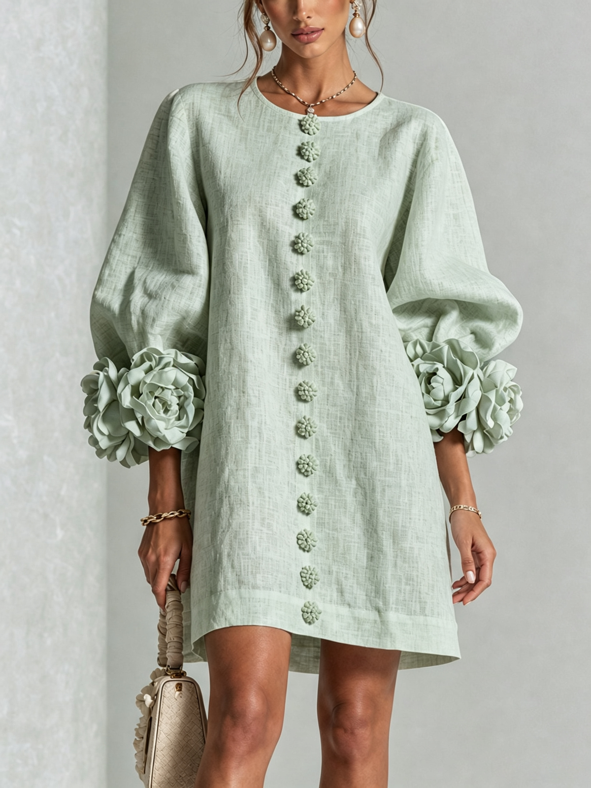 Cléa | Robe Mini en Mélange de Lin avec Manches Bouffantes en Rose, Vert Sauge