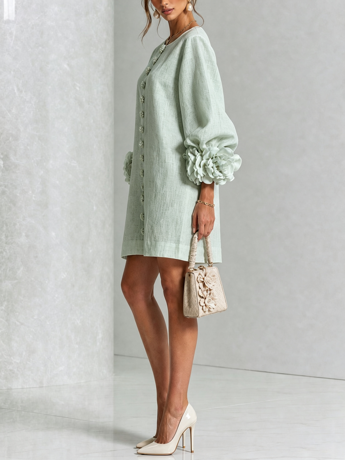 Angèle | Robe Mini en Mélange de Lin avec Manches à Rose, Vert Sauge