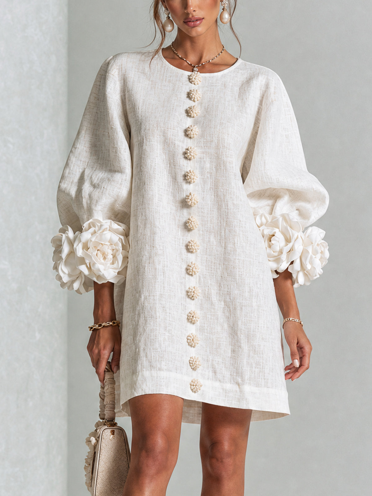 Reine | Robe Mini en Lin Mélangé avec Manches à Volant, Blanc