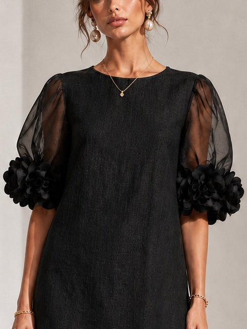 Fabienne - Robe courte en organza noir à manches bouffantes et poignets fleuris spectaculaires