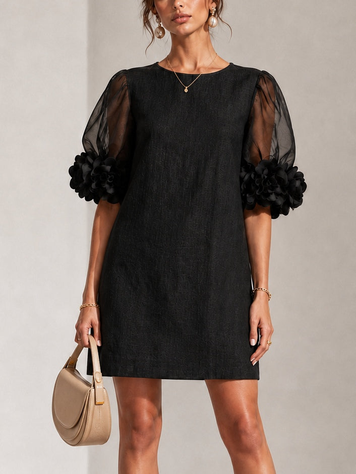 Fabienne - Robe courte en organza noir à manches bouffantes et poignets fleuris spectaculaires