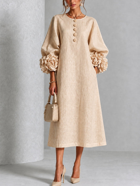 Bertille | Robe Midi en Mélange de Lin avec Manches à Nœud, Beige