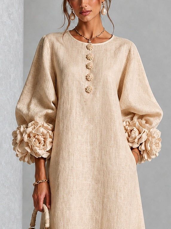 Emmanuelle - Robe mi-longue boutonnée à imprimé floral beige et manches fleuries spectaculaires