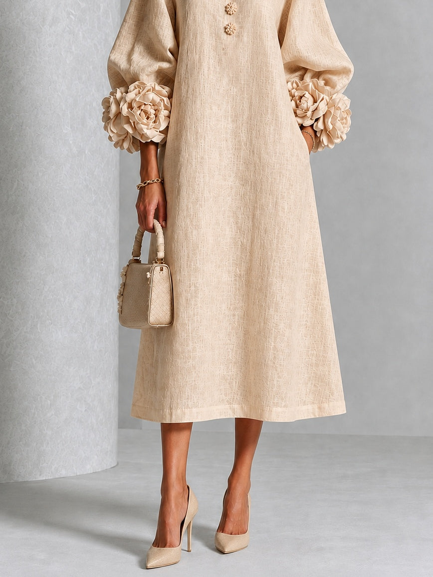 Emmanuelle - Robe mi-longue boutonnée à imprimé floral beige et manches fleuries spectaculaires
