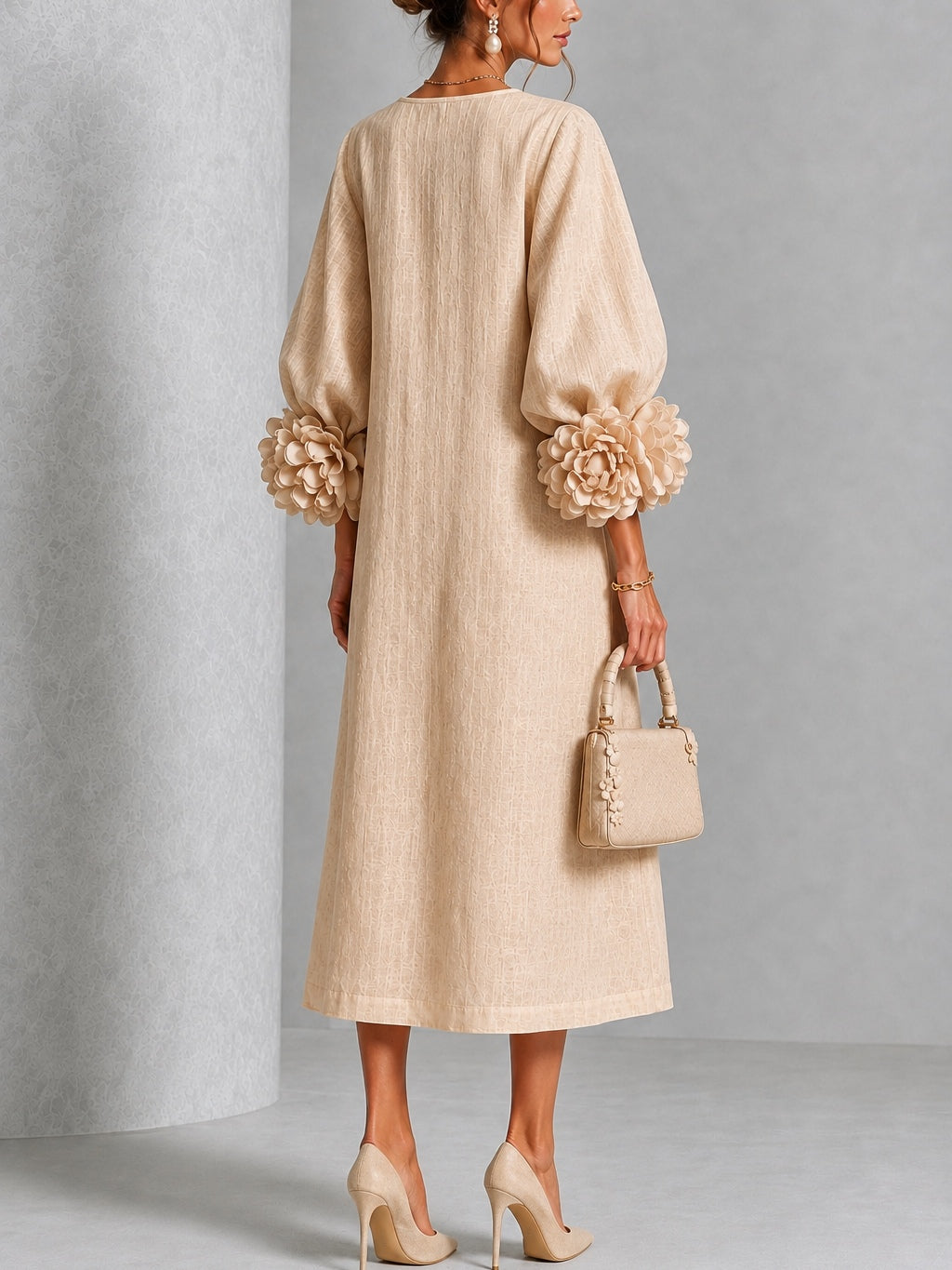 Bertille | Robe Midi en Mélange de Lin avec Manches à Nœud, Beige