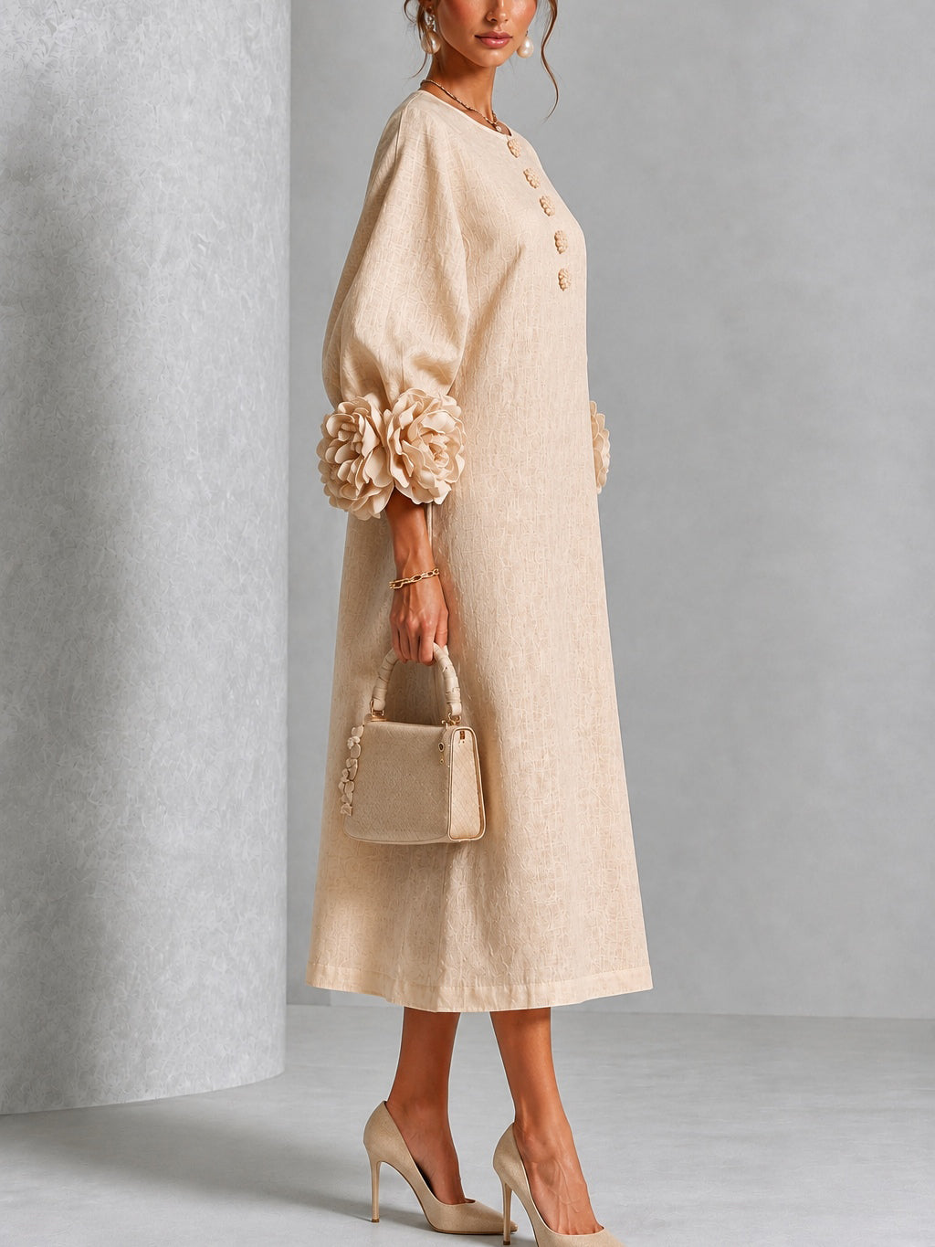 Bertille | Robe Midi en Mélange de Lin avec Manches à Nœud, Beige