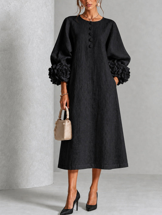 Mahaut | Robe Midi en Mélange de Lin avec Manches Bouffantes, Noir