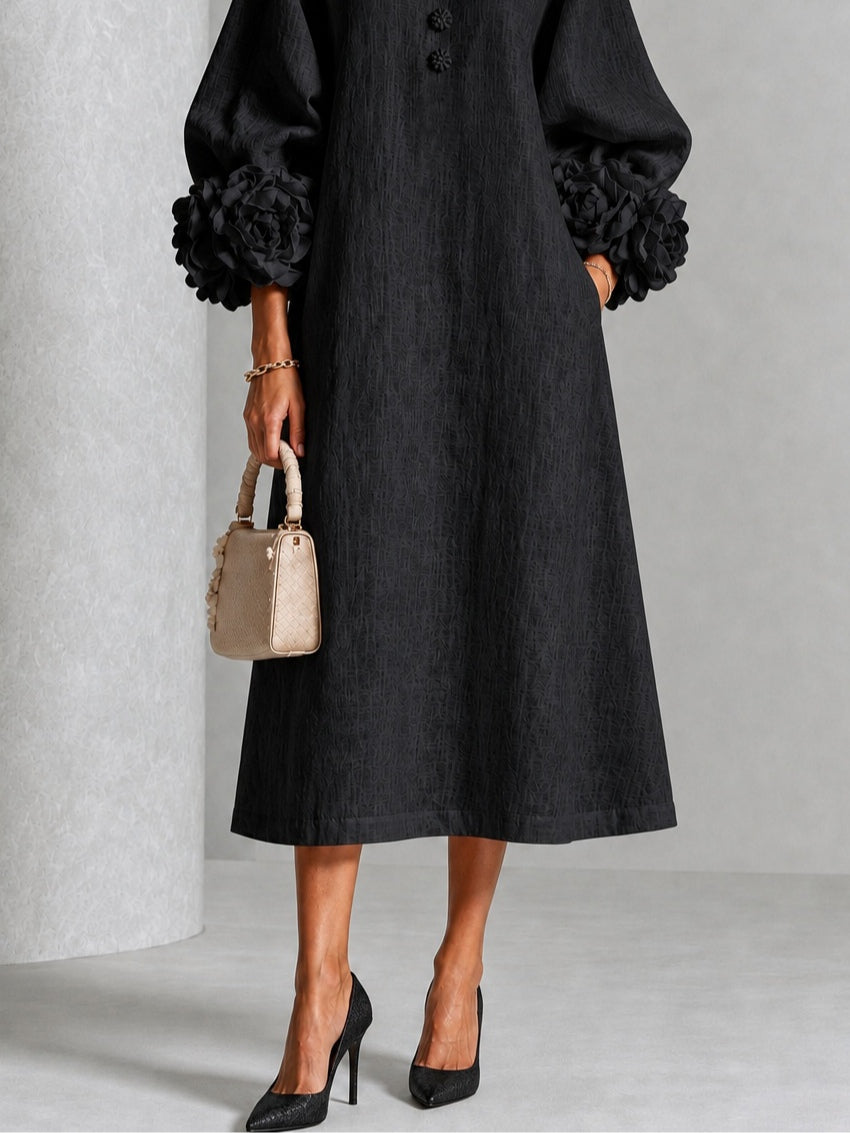 Mahaut | Robe Midi en Mélange de Lin avec Manches Bouffantes, Noir