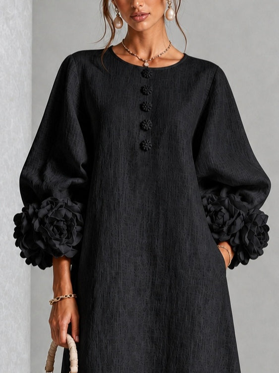 Mahaut | Robe Midi en Mélange de Lin avec Manches Bouffantes, Noir