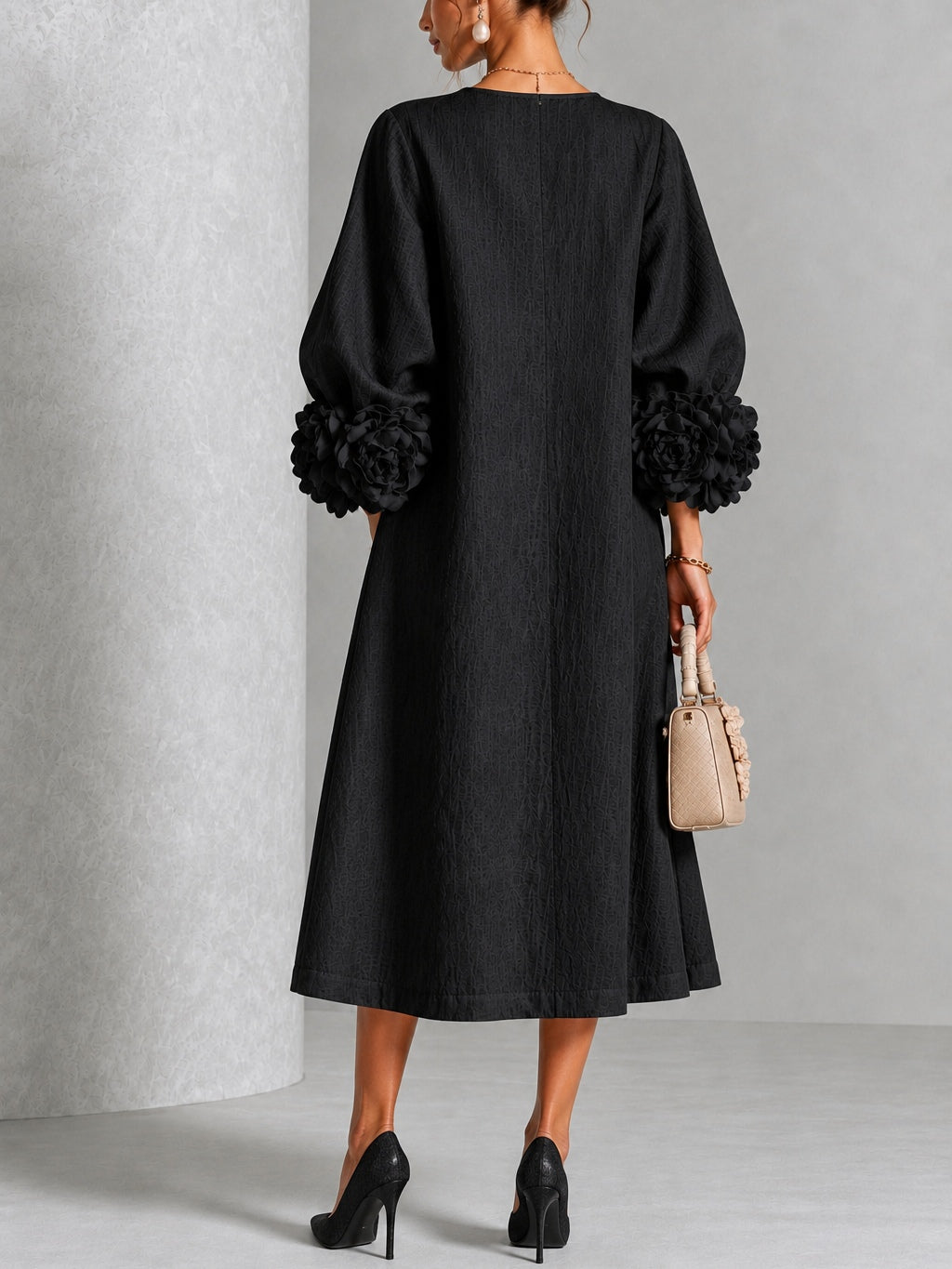 Mahaut | Robe Midi en Mélange de Lin avec Manches Bouffantes, Noir
