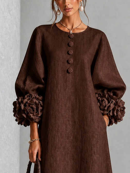 Domitille | Robe Midi en Mélange de Lin avec Manches à Nœud, Chocolat