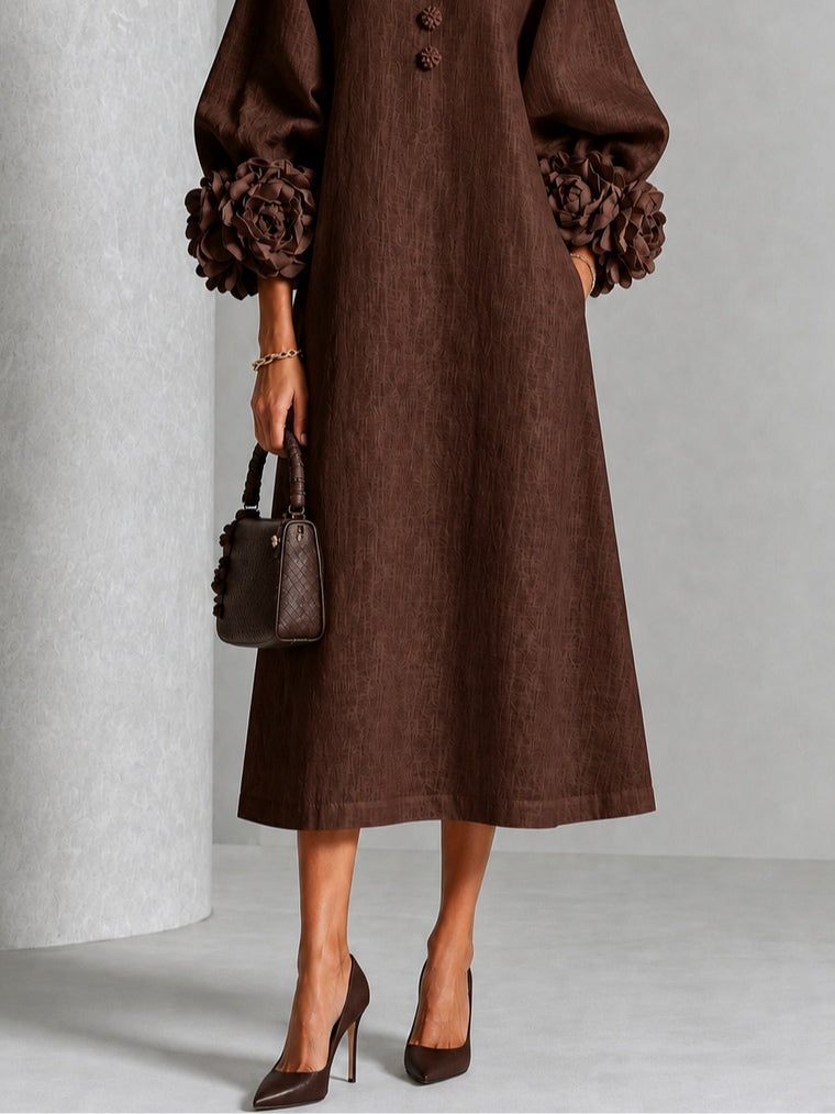 Domitille | Robe Midi en Mélange de Lin avec Manches à Nœud, Chocolat