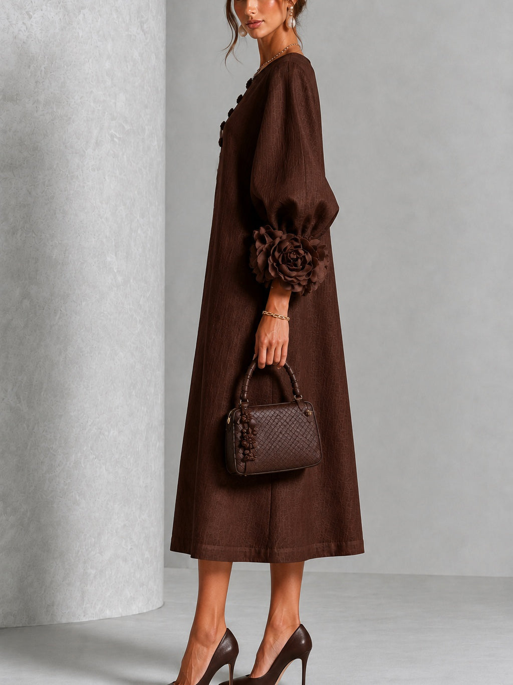 Domitille | Robe Midi en Mélange de Lin avec Manches à Nœud, Chocolat