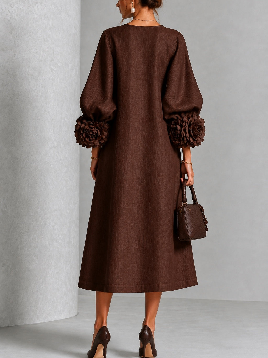 Domitille | Robe Midi en Mélange de Lin avec Manches à Nœud, Chocolat