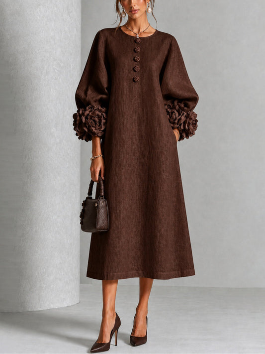Domitille | Robe Midi en Mélange de Lin avec Manches à Nœud, Chocolat